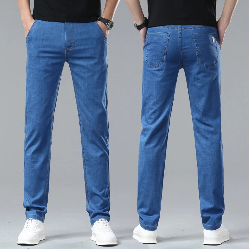 Lyocell Summer Men Jeans Breathable Slim Straight Denim Trousers