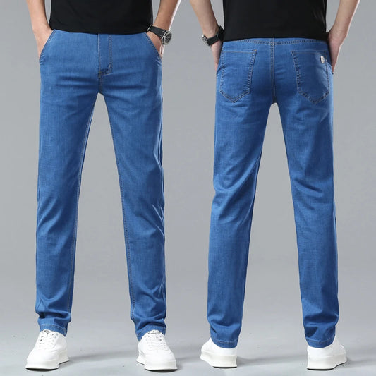 Lyocell Summer Men Jeans Breathable Slim Straight Denim Trousers