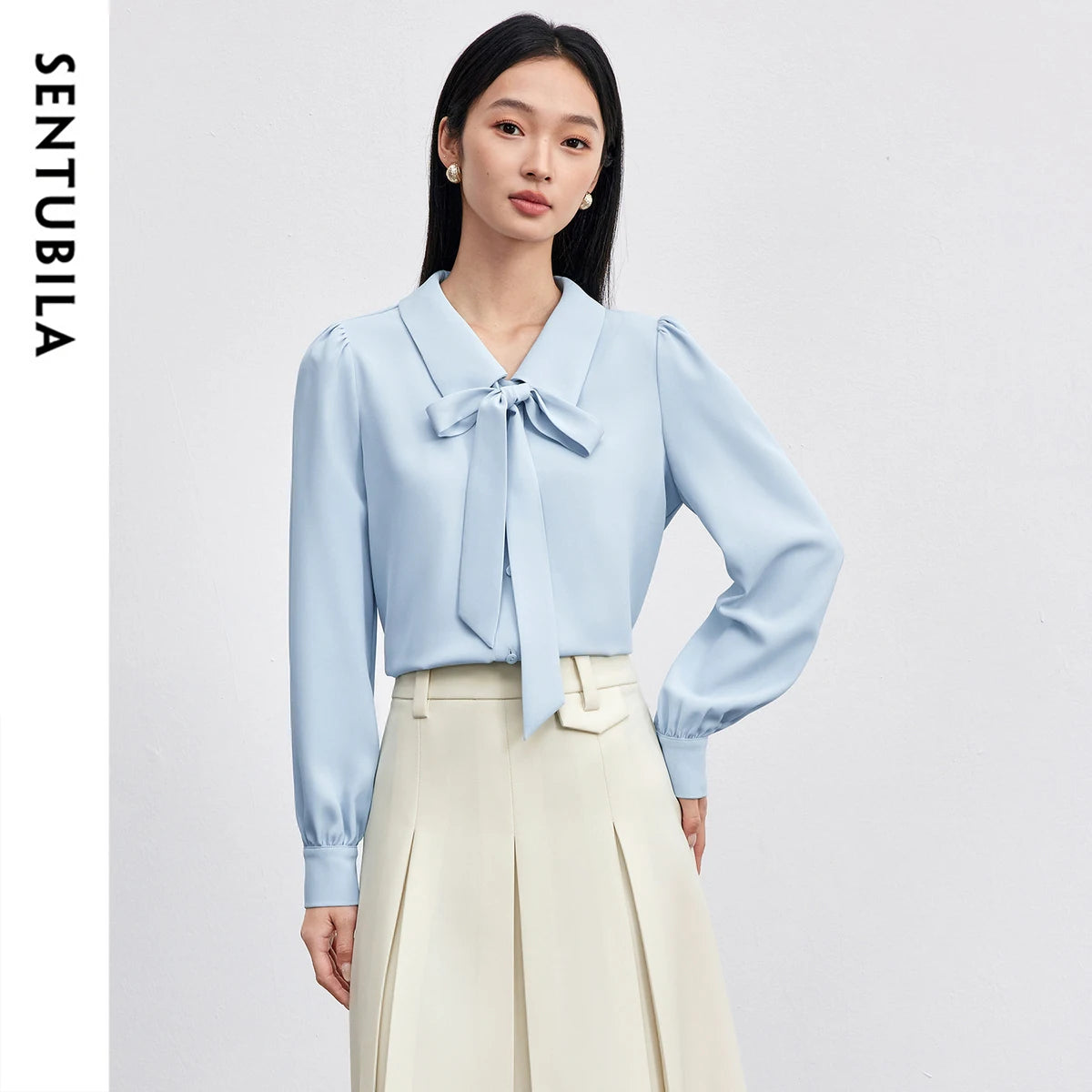 Sentubila Womens Detachable Ribbon Turn Down Collar Long Sleeve Shirt