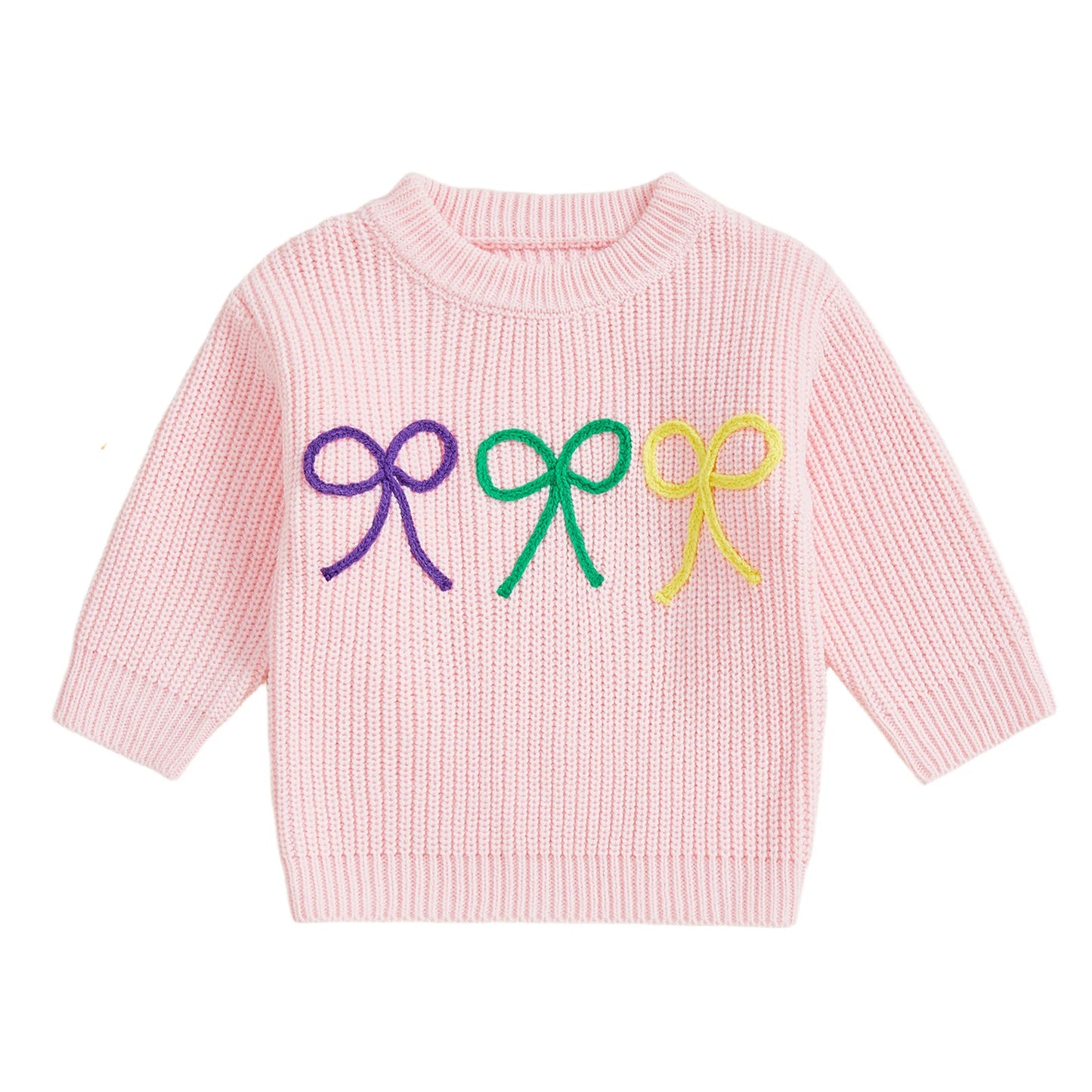 Mardi Gras Toddler Girl Sweater With Embroidered Bow Detail