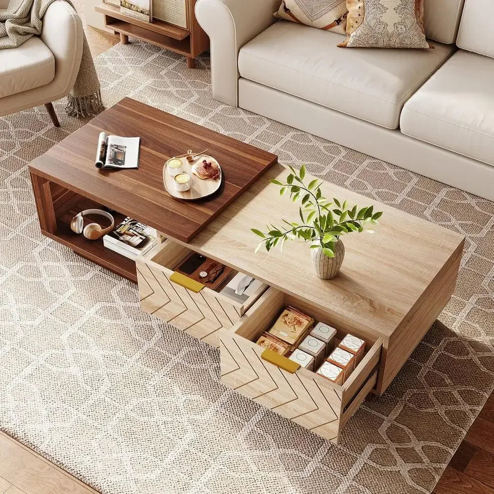 Expandable Wooden Coffee Table With 2 Drawers Rectangular Center Table