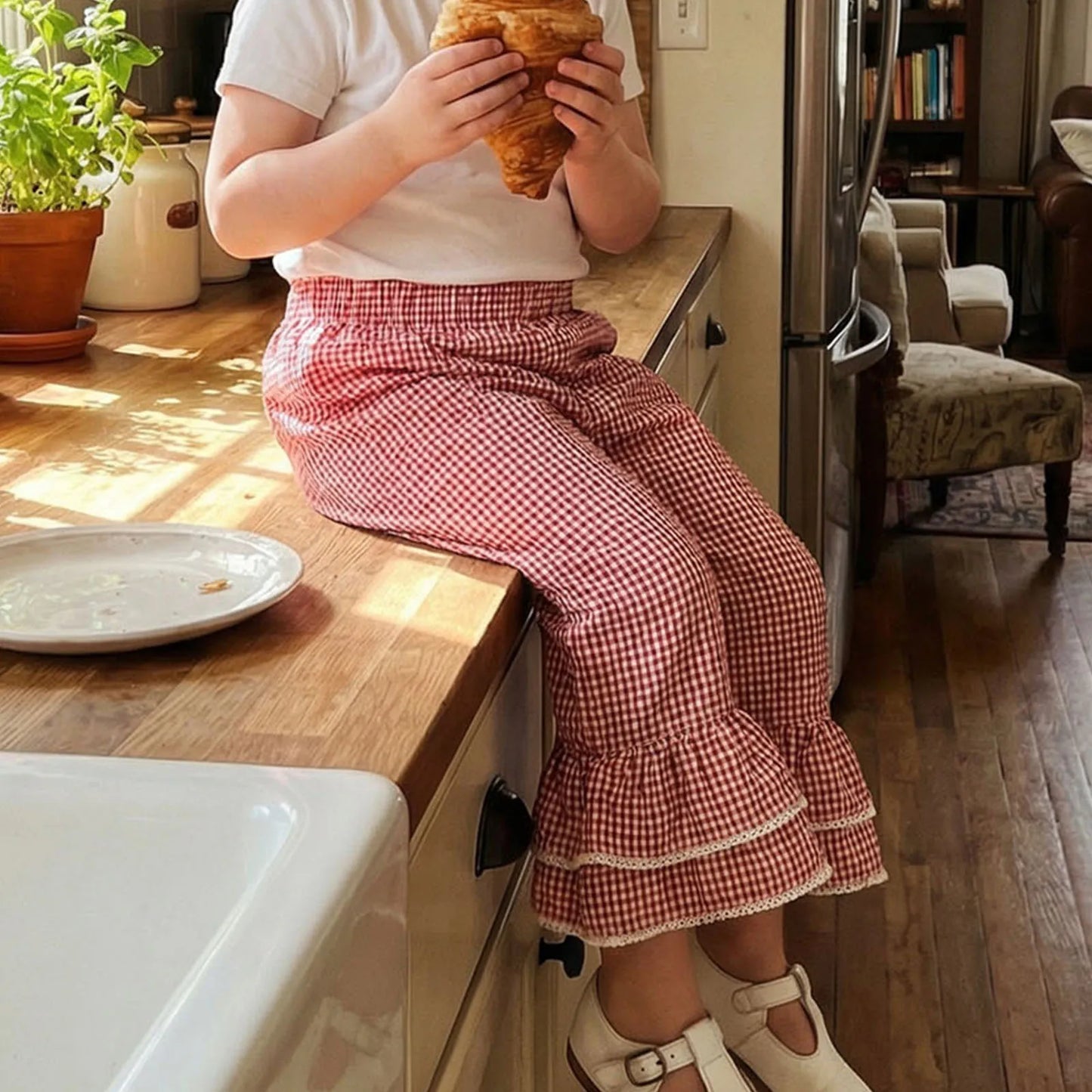 Pudcoco Toddler Girls Plaid Elastic Waist Flare Pants For Kids