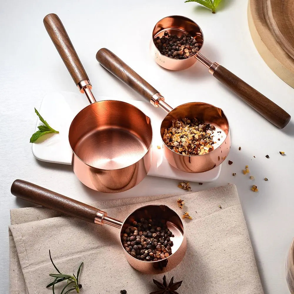 4Pcs Stainless Steel Measuring Cup Spoon Set With Wooden Handle