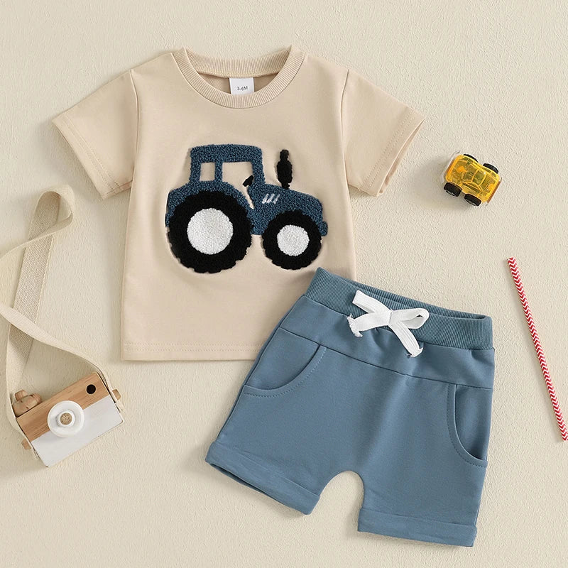 Lioraitiin Toddler Boys Summer Outfit Truck Embroidered Set