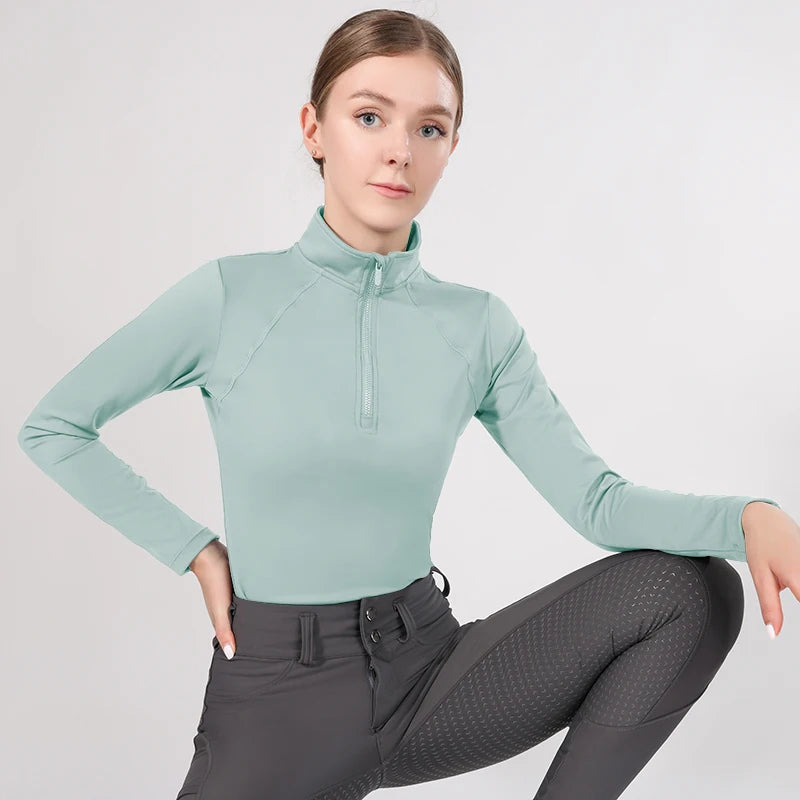 Zipper Equestrian Long Sleeve Top For Women Riding Nylon Base Layer