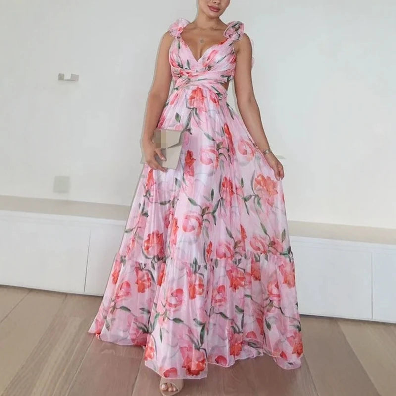 Others Floral Print V Neck Sleeveless Maxi Dress Women Summer