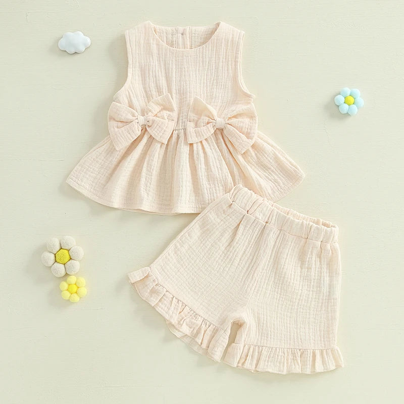 Lioraitiin Toddler Girl Summer Bow Neck Tank Top Set