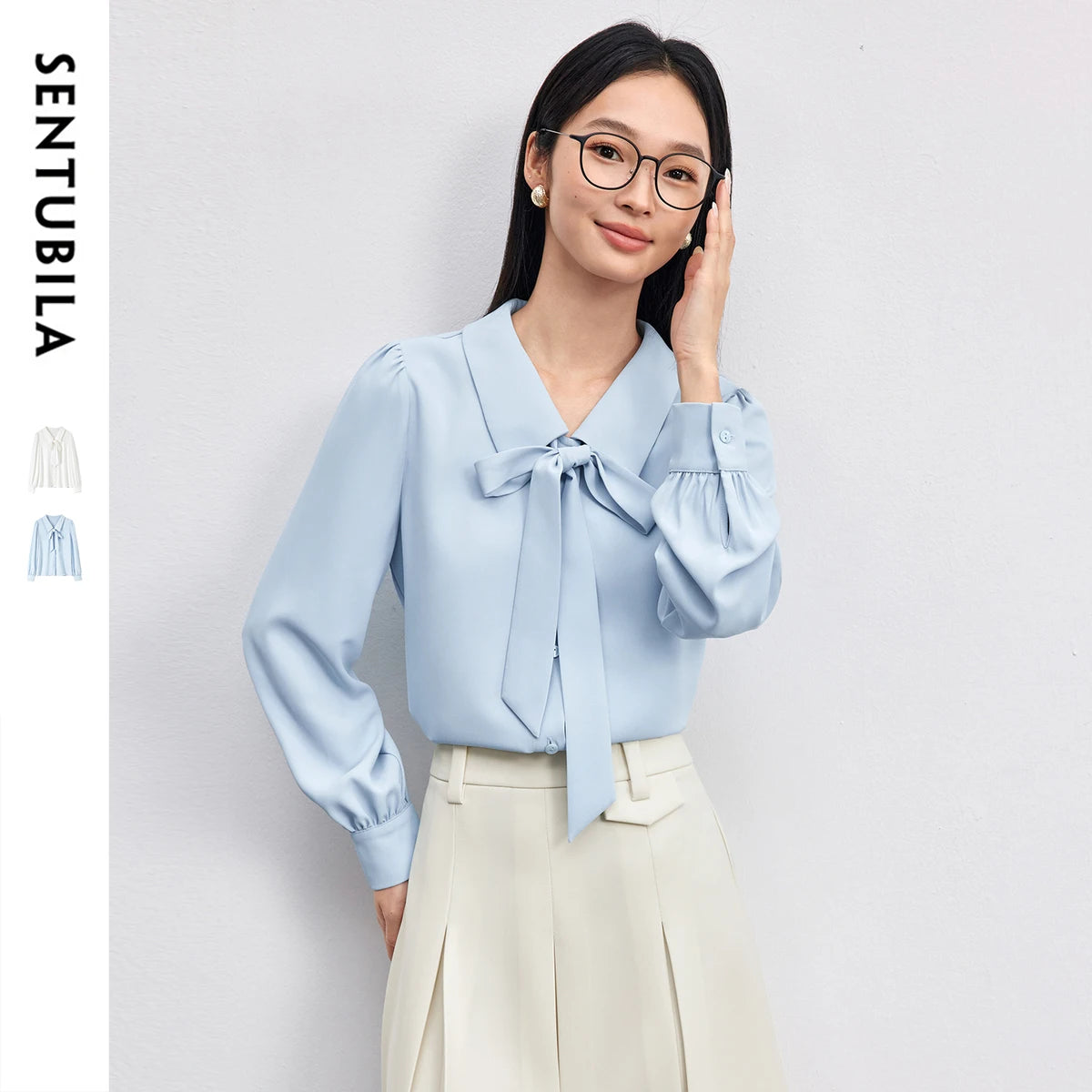 Sentubila Womens Detachable Ribbon Turn Down Collar Long Sleeve Shirt