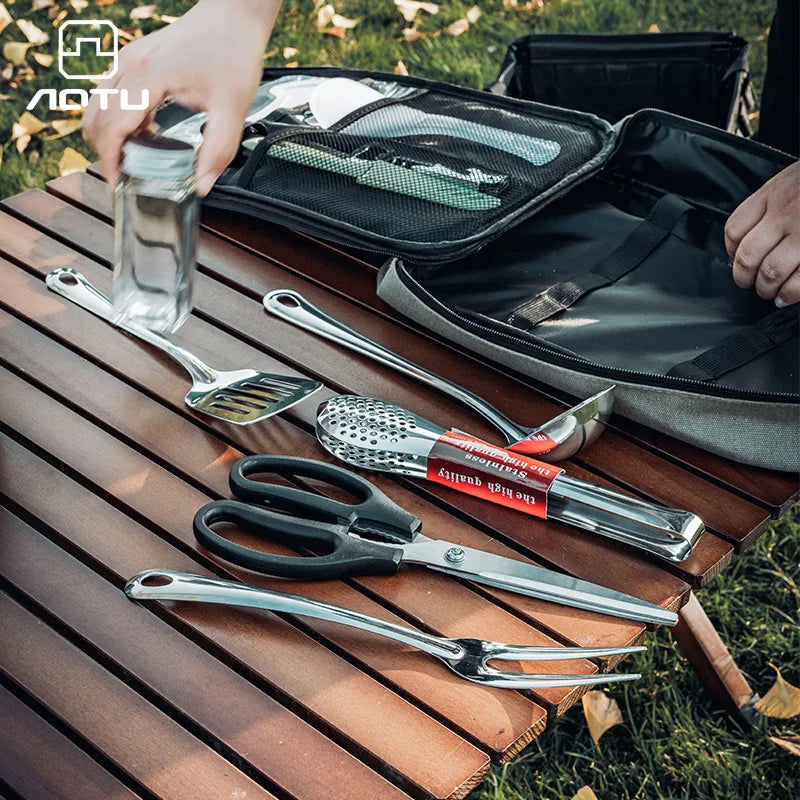 Outdoor Camping Kitchen Utensils 12 Piece Stainless Steel Tool Set With Bag