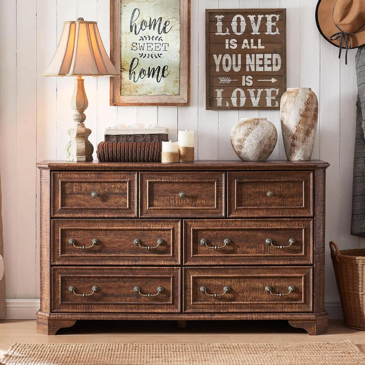 7 Drawer Rustic Wood Farmhouse Dresser Chest Storage