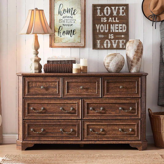 7 Drawer Rustic Wood Farmhouse Dresser Chest Storage
