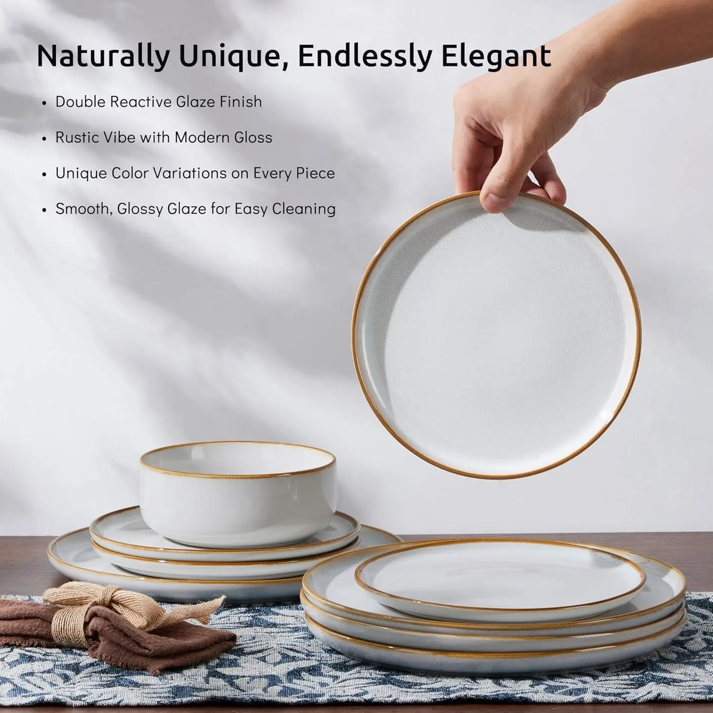 12 Piece Stoneware Plates And Bowls Set For Four People