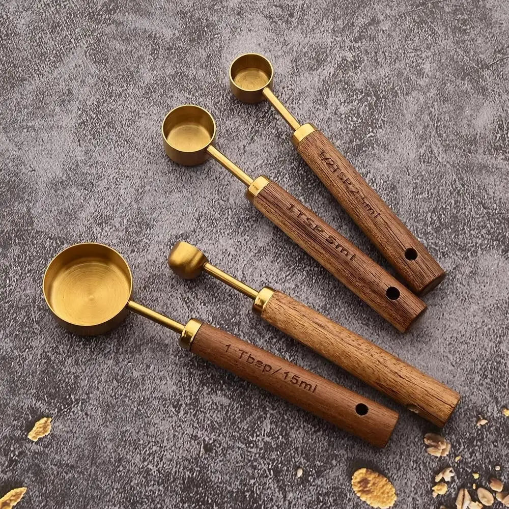 4Pcs Stainless Steel Measuring Cup Spoon Set With Wooden Handle