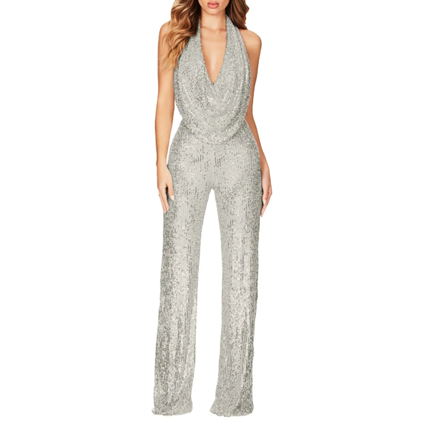 ZOMAXIUJEECN Elegant Women DeepVNeckline Halter WideLeg Crystal Sequined Party Jumpsuit