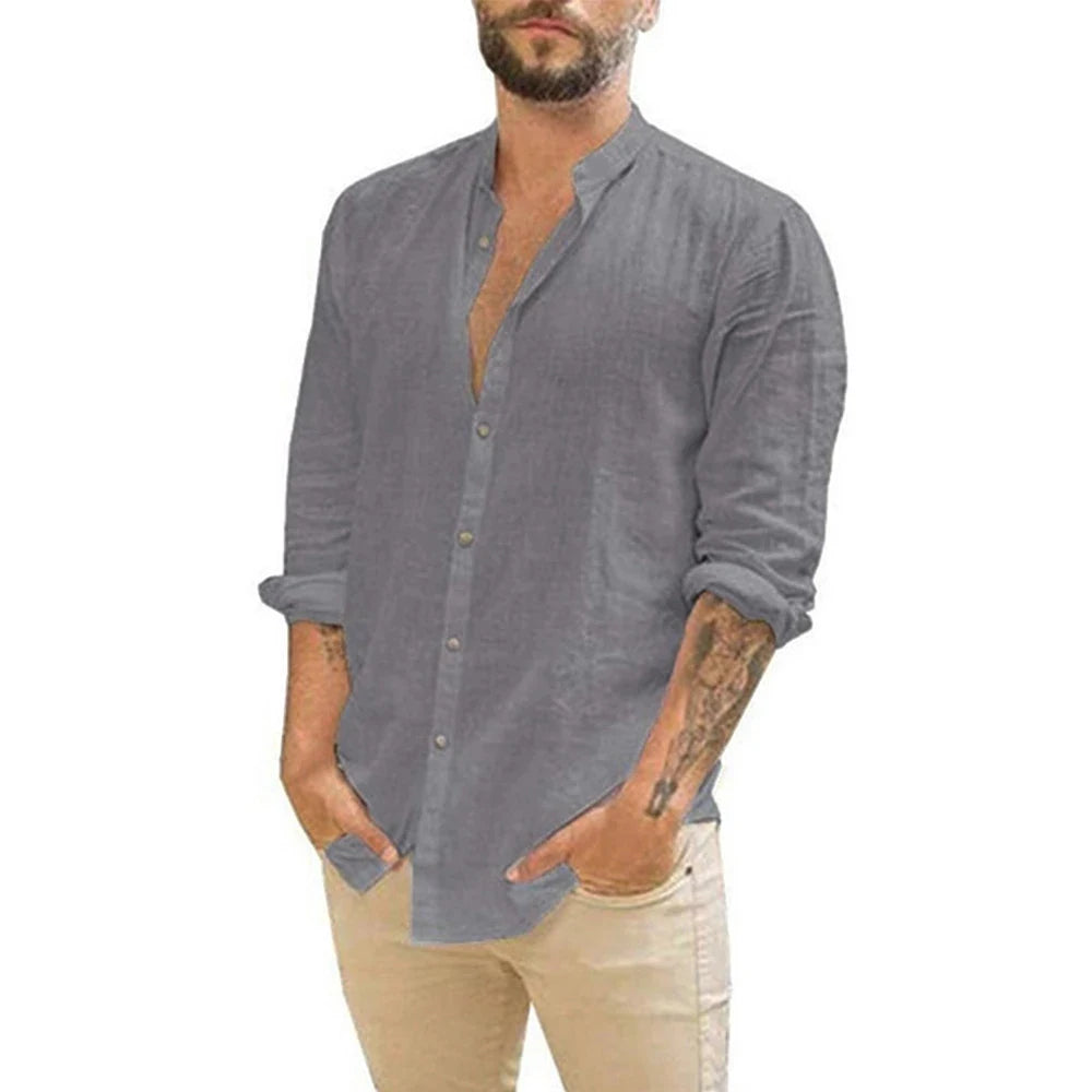 King Billion Cotton Linen Men's Long Sleeve Shirt Stand Collar