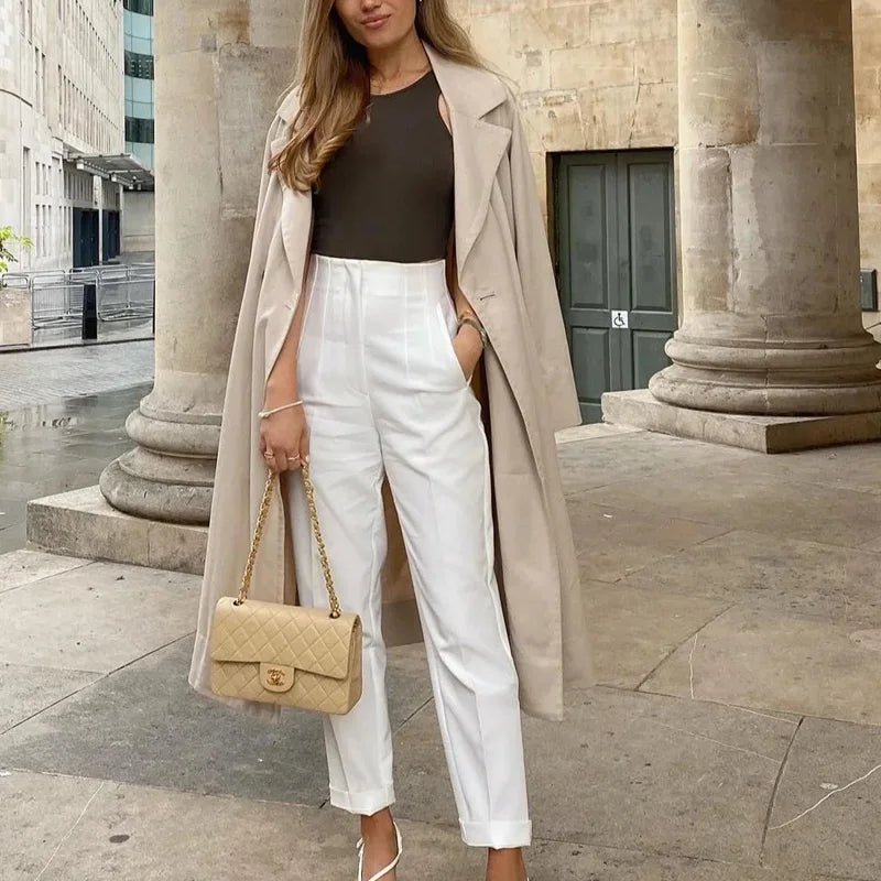 HXAO Womens Pleated High Waist Formal Office Pants Cropped Trousers