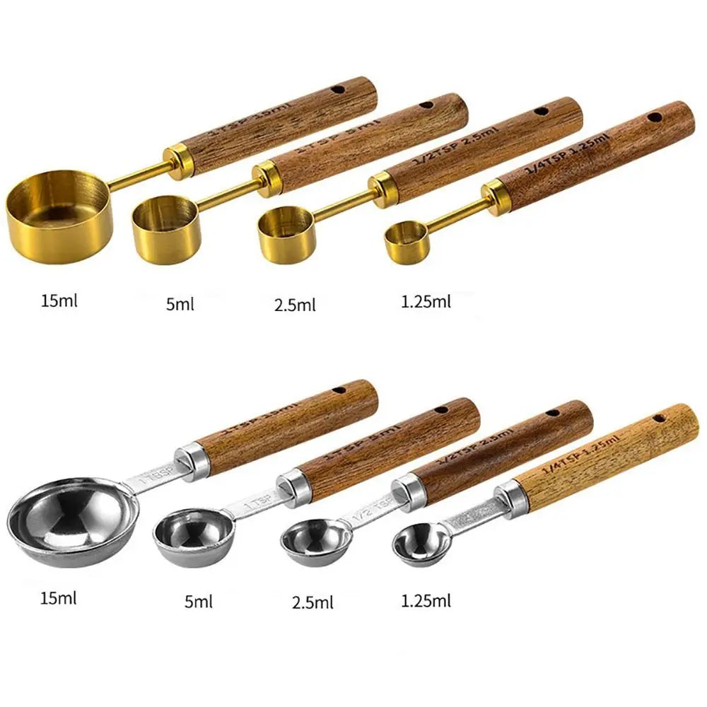 4Pcs Stainless Steel Measuring Cup Spoon Set With Wooden Handle