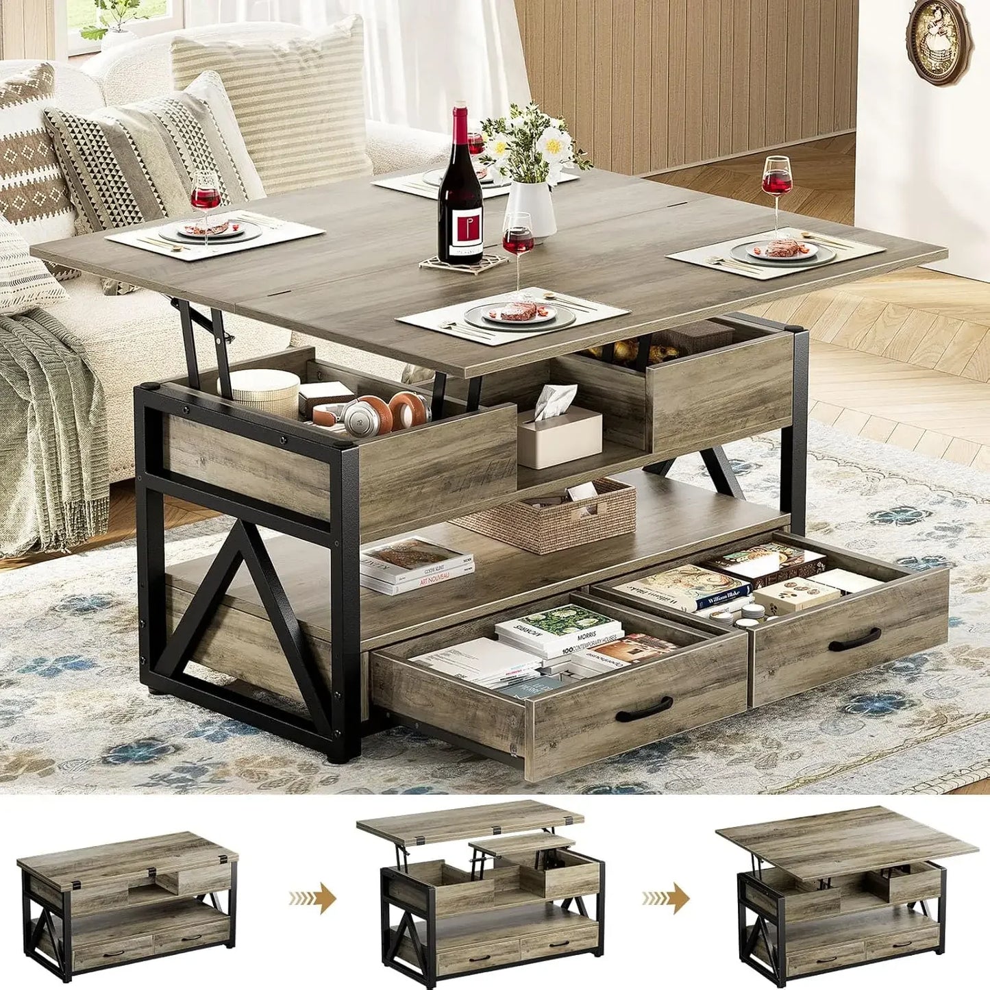 Lift Top Coffee Table With Hidden Compartments And Storage