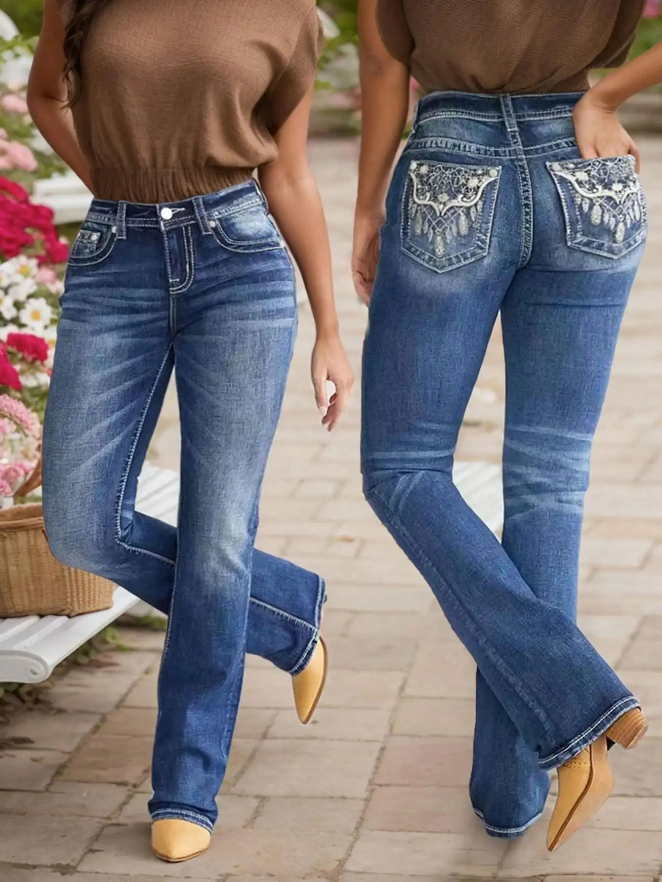 Women's Embroidered Denim Jeans With Slim Fit And Heavy-Duty Stitching