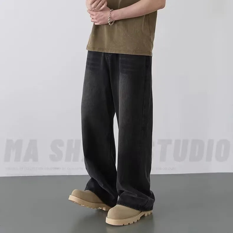 Men's Washed Denim Jeans With Loose Fit Wide Leg Trousers