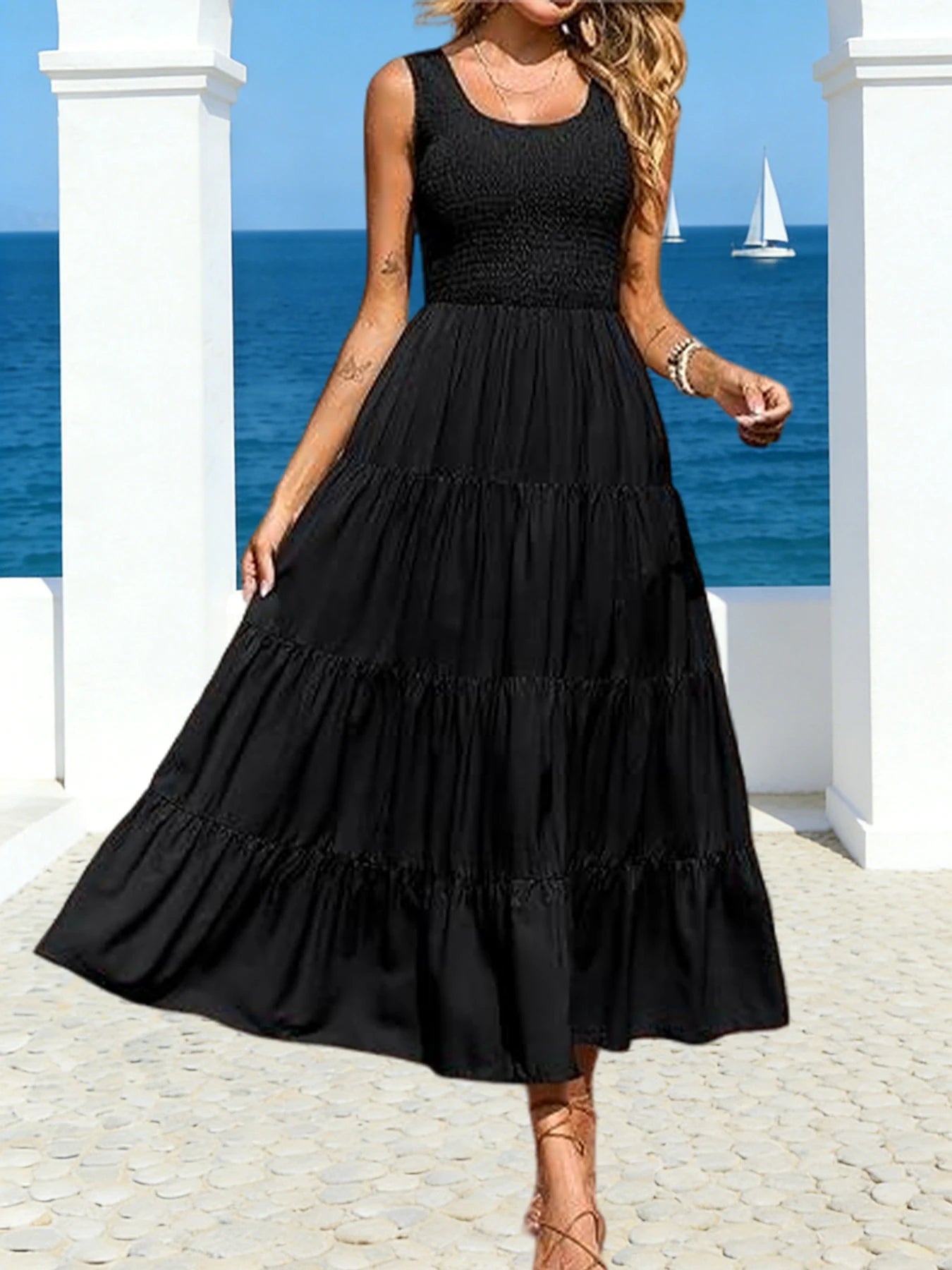 Satin Halter Dress With Asymmetrical Hem And Pleated Skirt