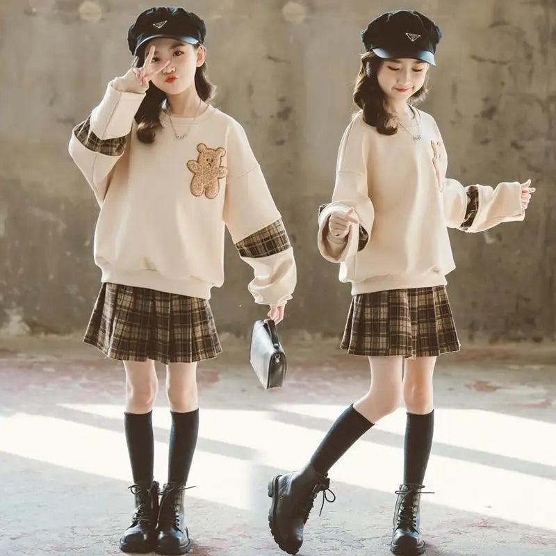 Girls Hooded Bear Sweatshirt And Plaid Pleated Skirt Set