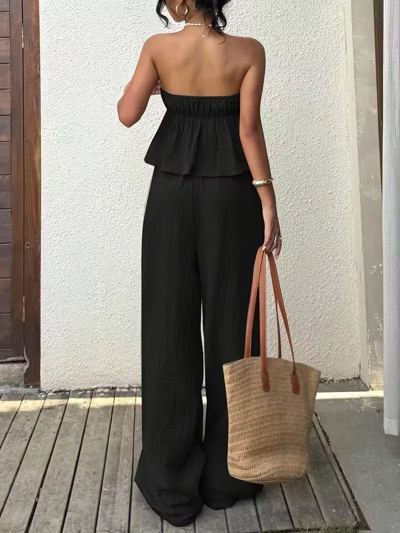 Women Two Piece Lace Up Top And Pants Set