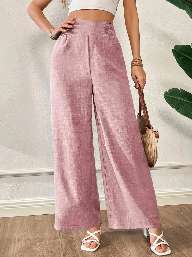 Womens Linen Blend High Waist Wide Leg Pants Smocked Waist