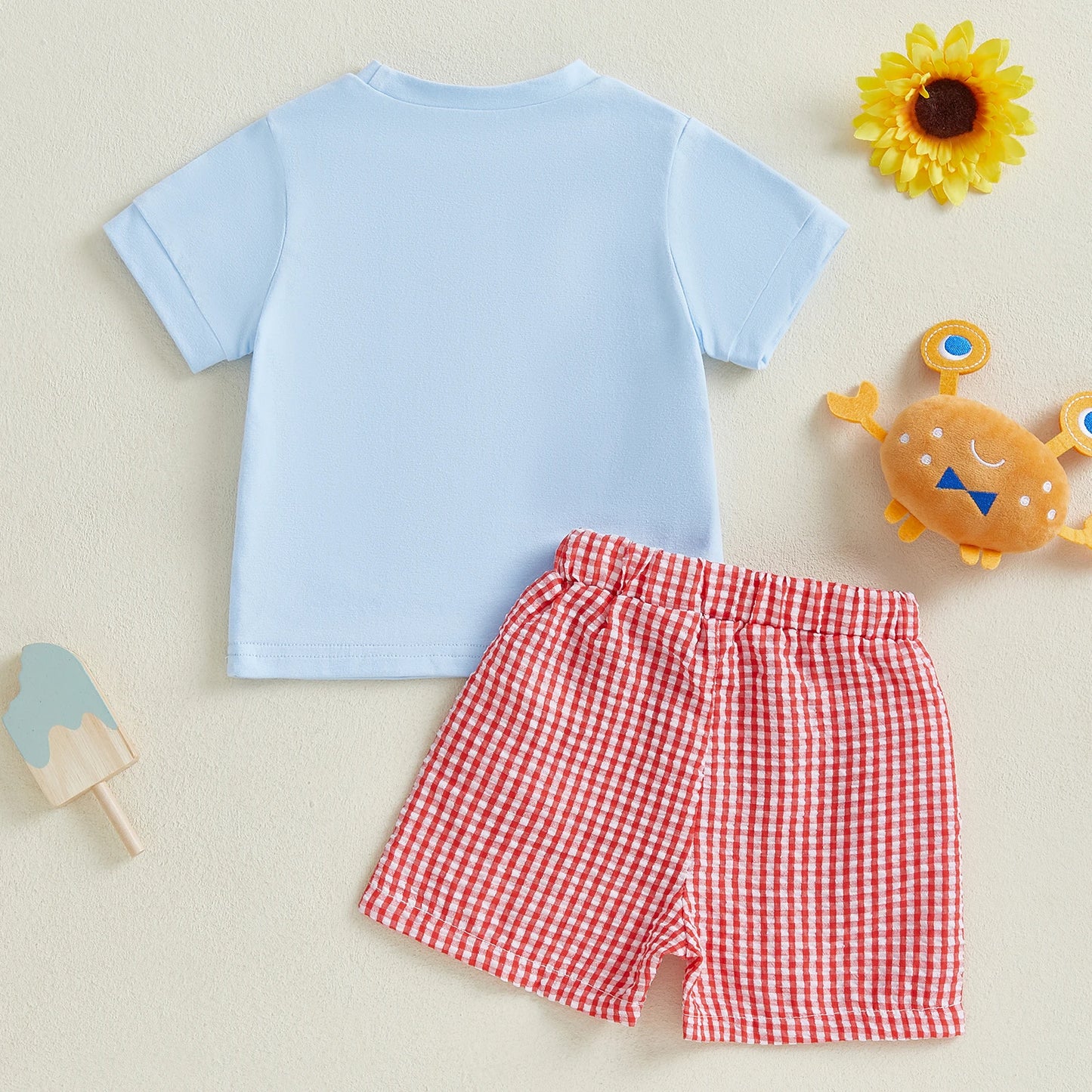Toddler Boy Summer Outfit Set Embroidered Crab Lobster Plaid Shorts