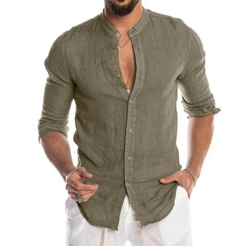 Men's Casual Long Sleeve Cotton Stand Collar Shirt
