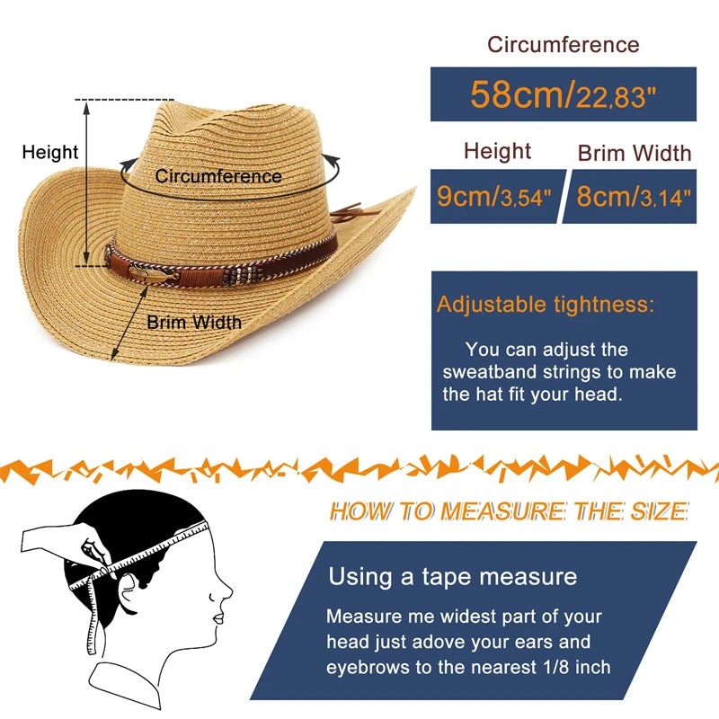 Gemvie Western Cowboy Sun Hat Unisex Wide Brim Straw Cap