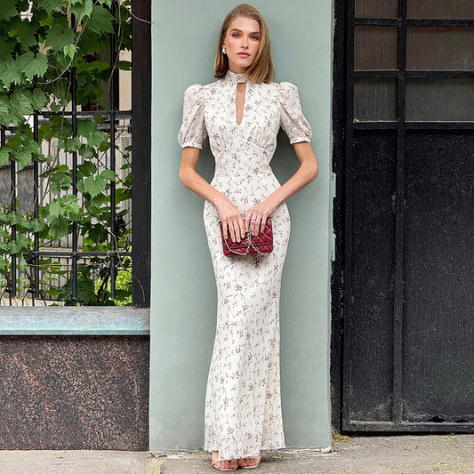 Linad Elegant Print Long Dress Chiffon High Waist Puff Sleeve