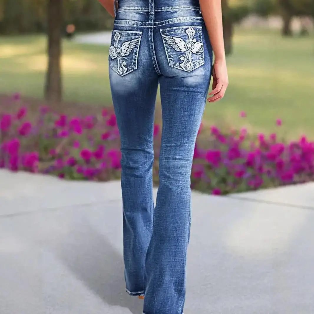 Women's High Waist Embroidered Flared Slimming Cotton Jeans
