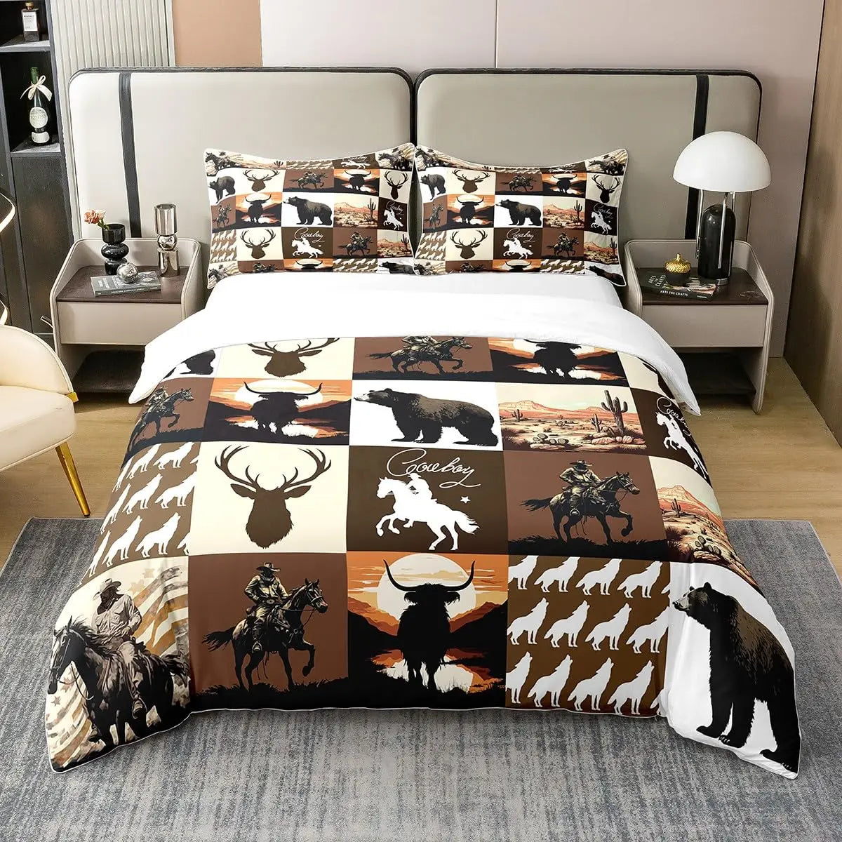 NONECN Western Cowboy Print Duvet Cover Set Bedding
