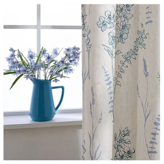 New American Style Fresh Cotton and Linen Printed Partition Bluey Window Curtains for Living Dining Room Bedroom Kitchen Home