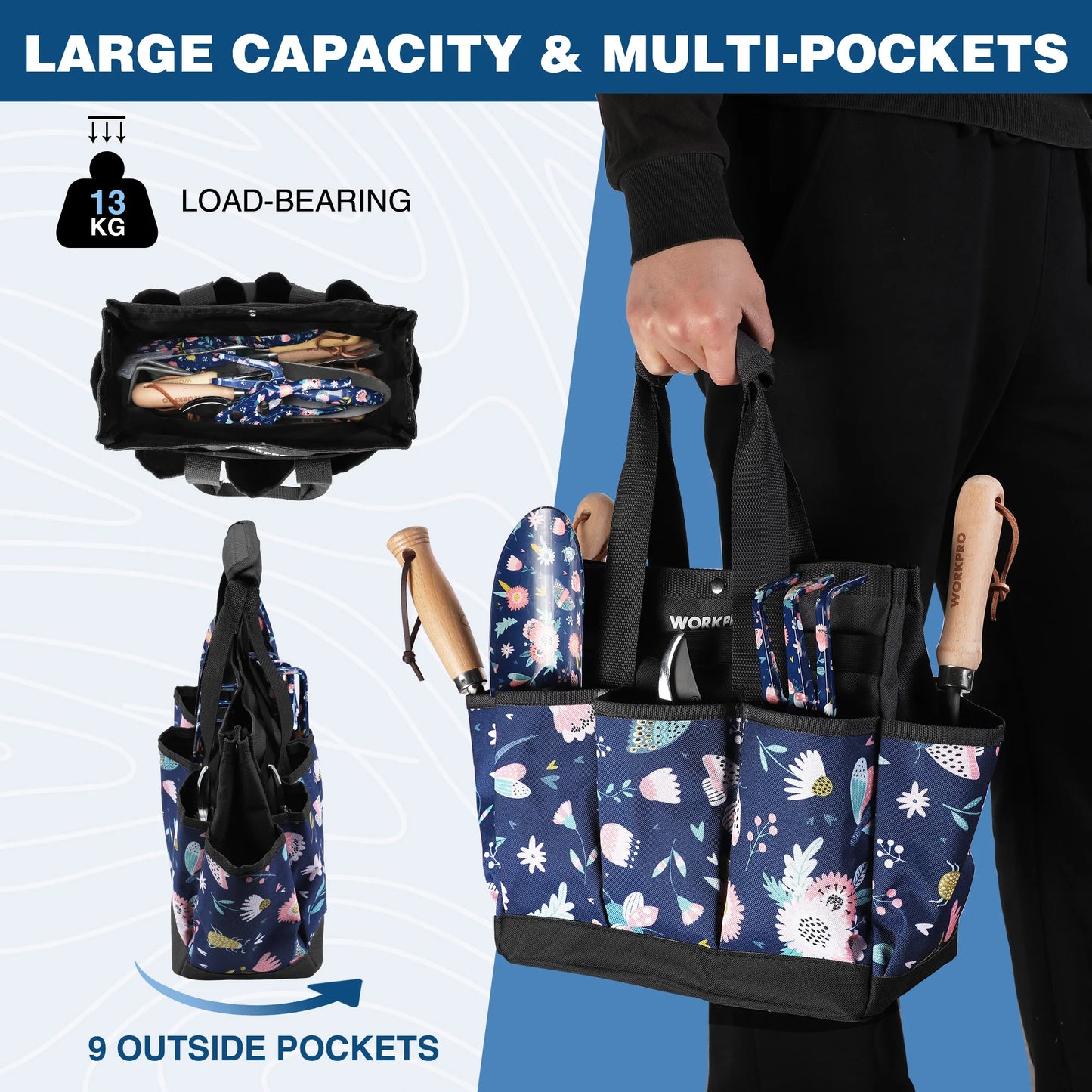 WORKPRO Garden Tool Bag with 9 Pockets Tote