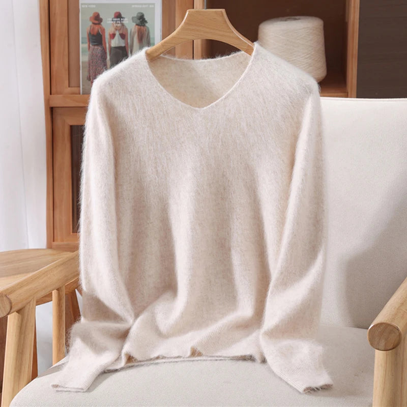 Mink Cashmere Women's V-Neck Knit Pullover Sweater