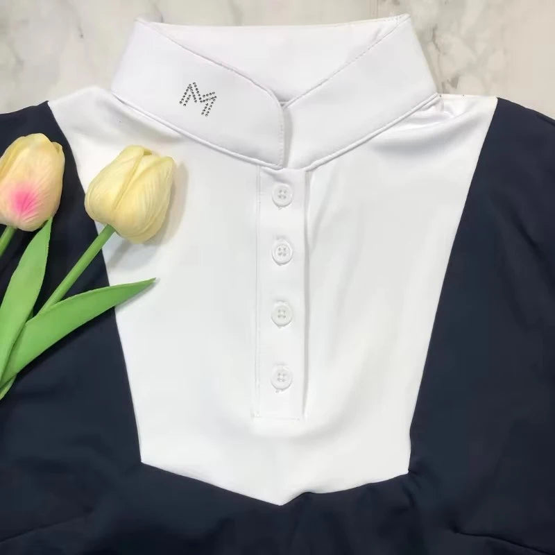 M LOGO Equestrian t-Shirts Short Sleeve Tops Horse Riding Clothing Women Button Training Rider Blouse Competition Show Top
