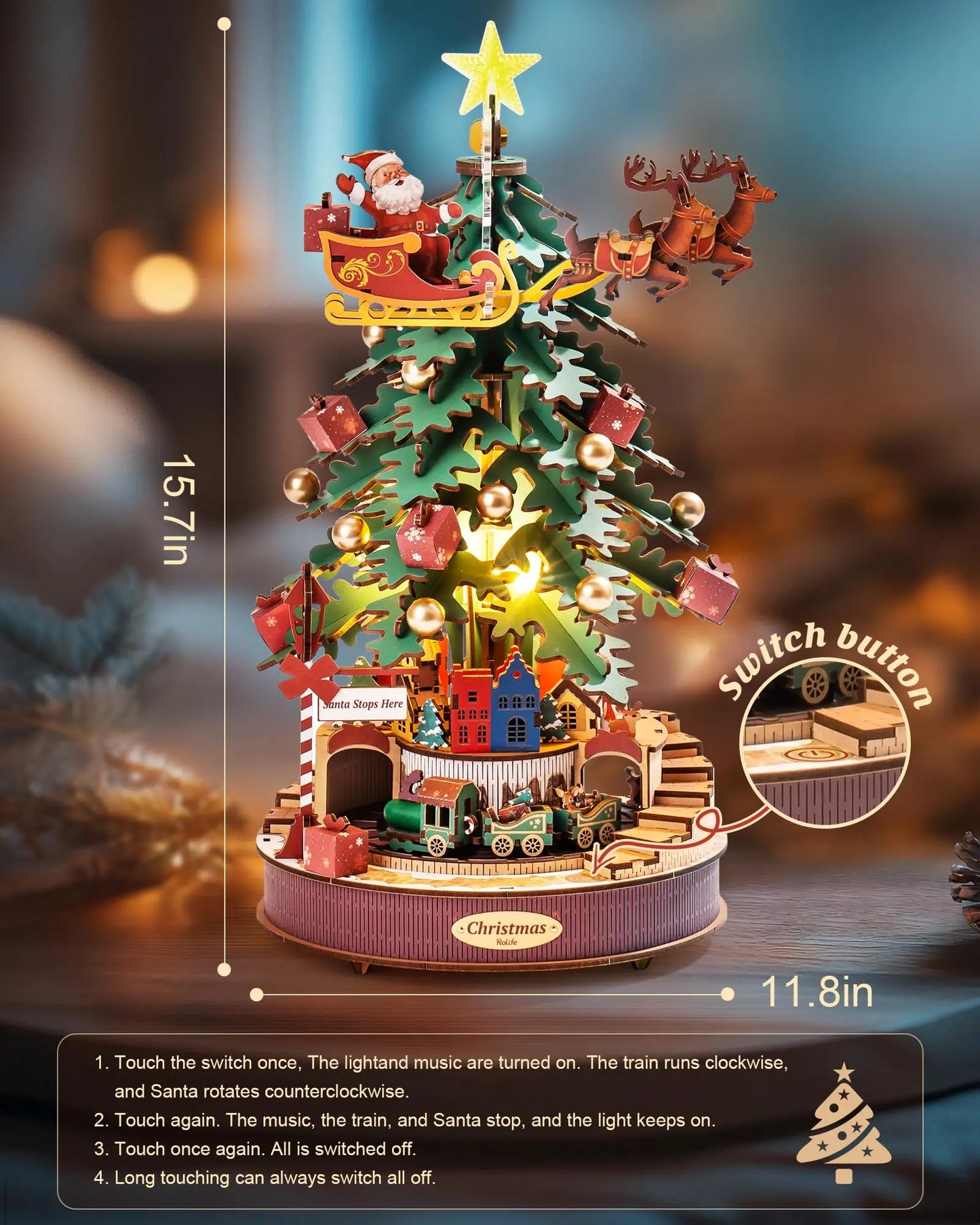 Robotime Rolife Christmas Melody Tree Music Boxes 3D Wooden Puzzle with Light Perfect Gifts for Family  Easy Assemble Toys