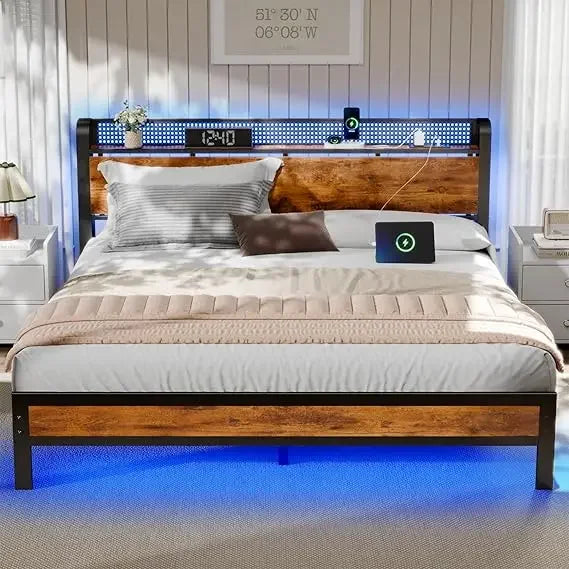 Bed Frame With Charging Station And Led Lights Industrial Platform