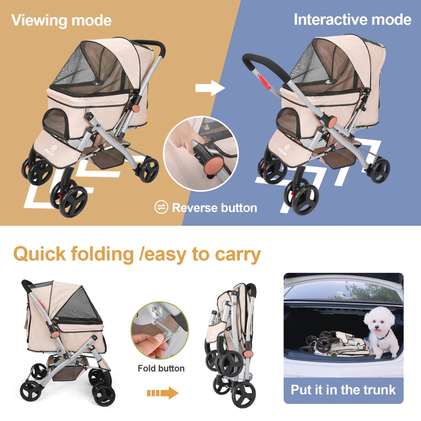 Wedyvko Foldable Cat Dog Stroller With Shock Absorption Travel Carrier