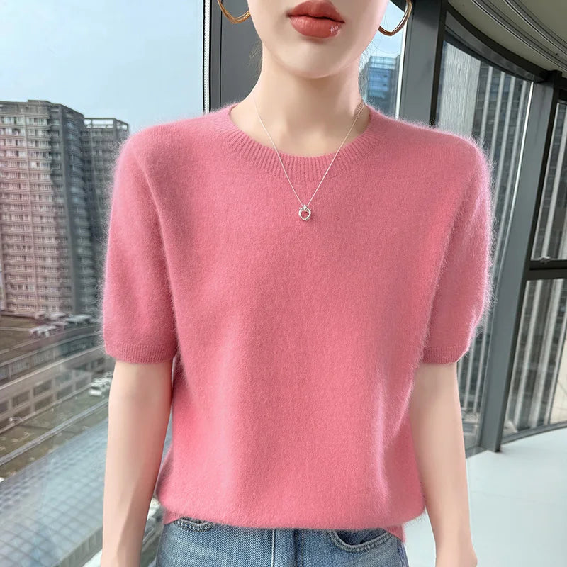 FRSEUCAG Women's Mink Cashmere Knit Sweater O-Neck Short Sleeve Pullover