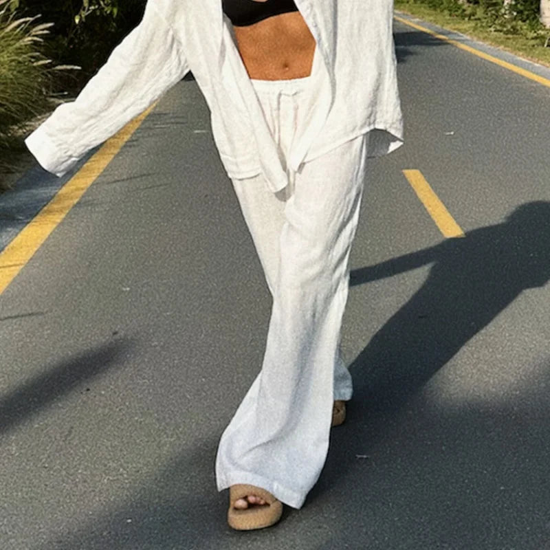 THTRUME CN Cotton Linen Baggy Pants High Waist Drawstring Women