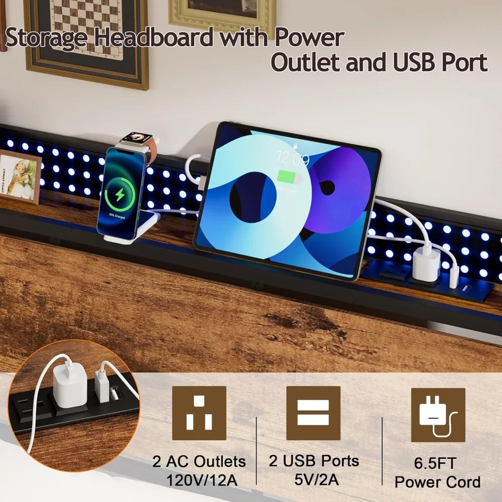 Bed Frame With Charging Station And Led Lights Industrial Platform