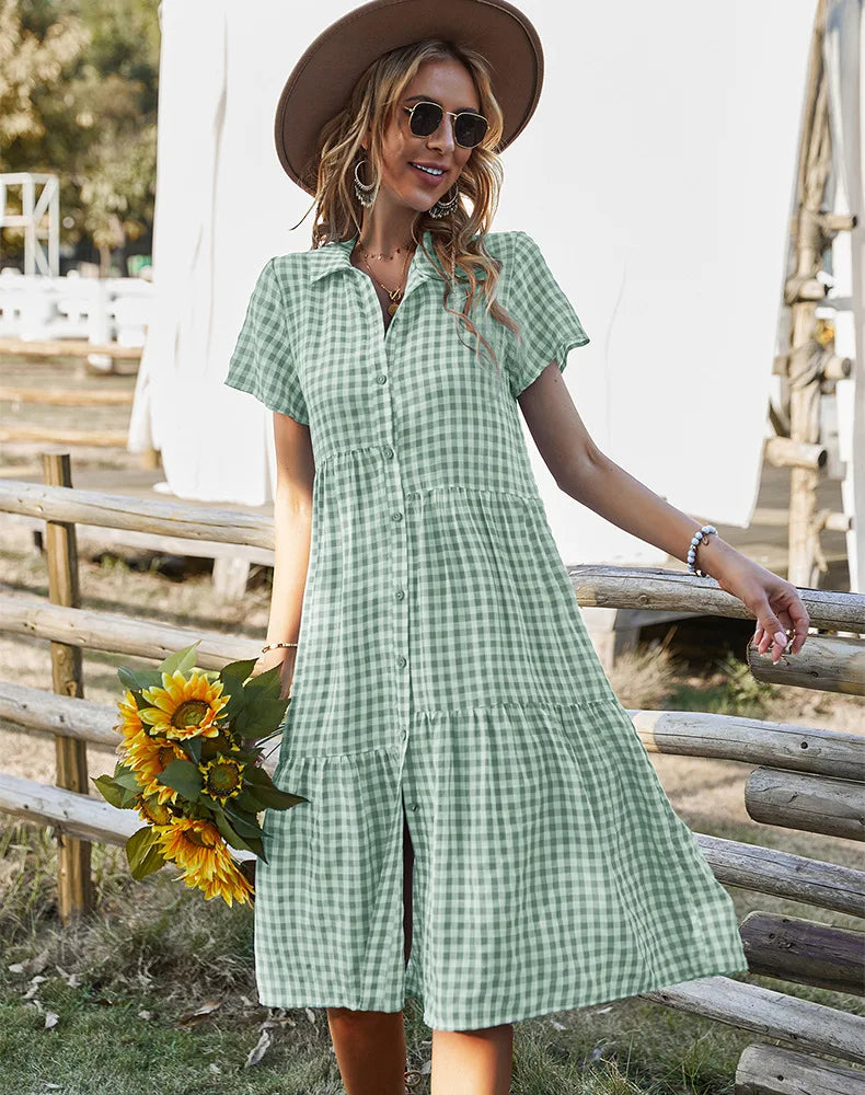 Cakulo Womens Checkered Shirtdress Short Sleeve Button Down Casual