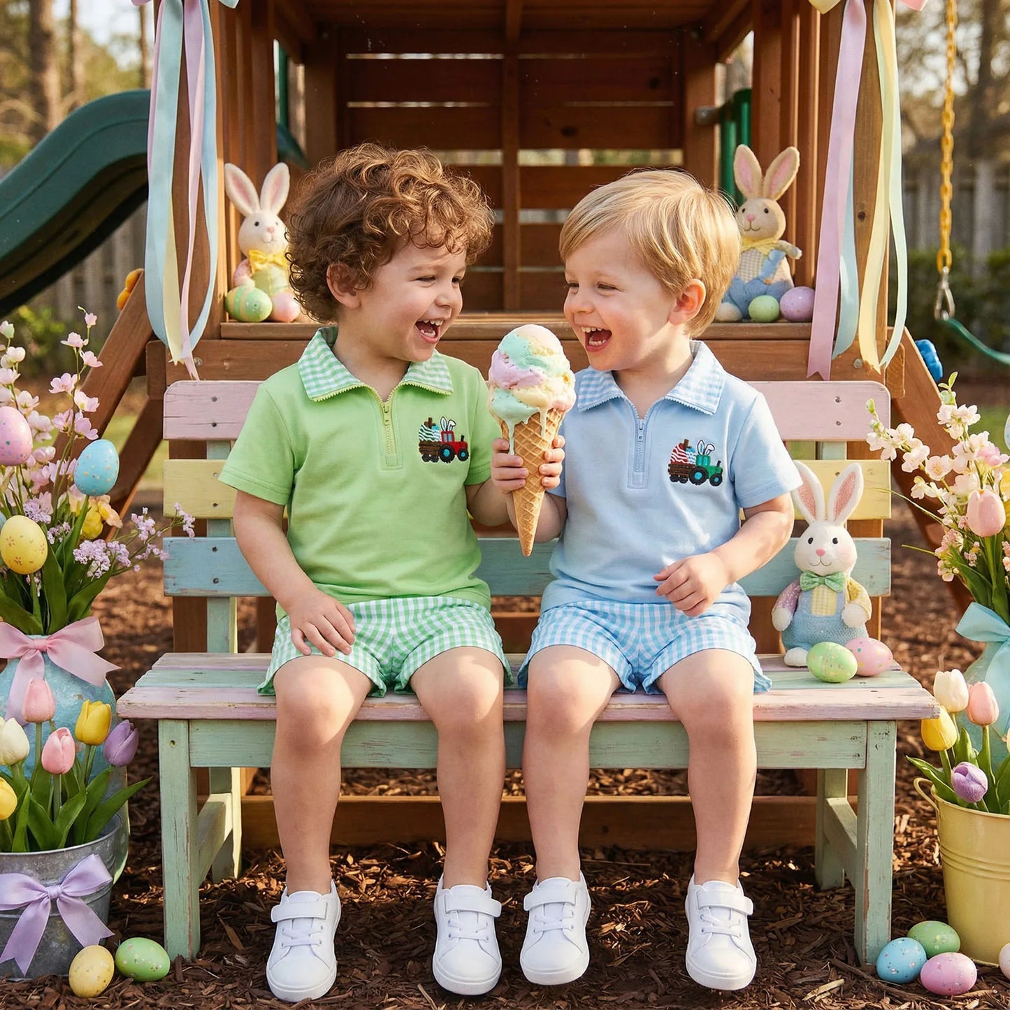 Toddler Easter Outfit Set Embroidered Short Sleeve Top And Shorts