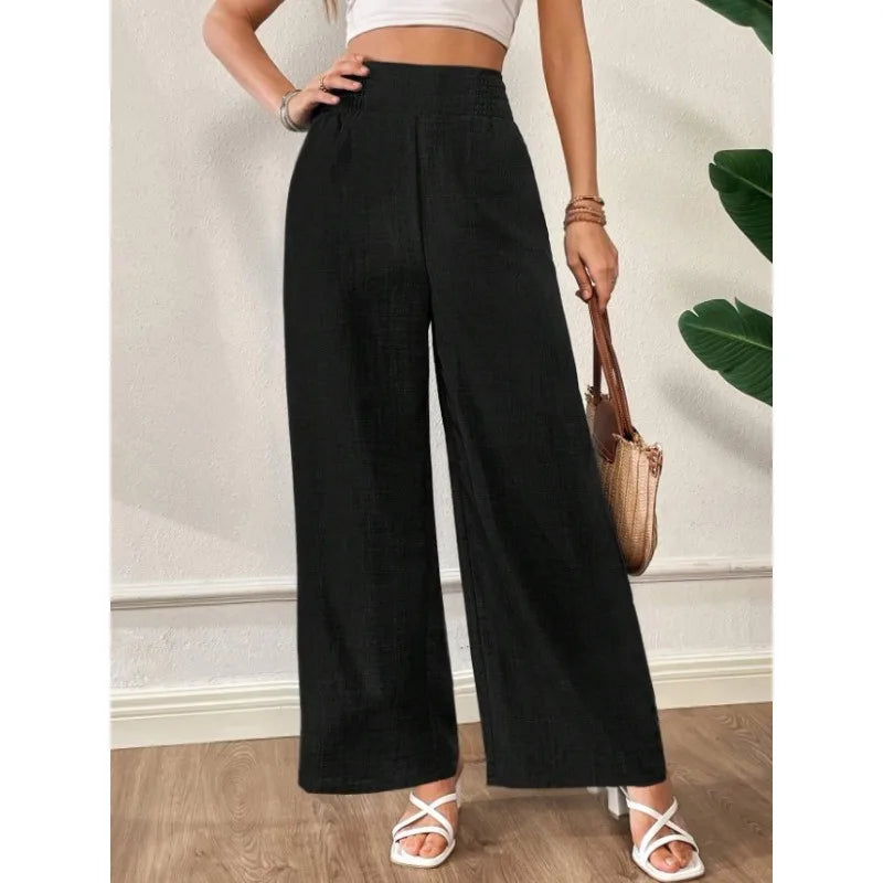 Womens Linen Blend High Waist Wide Leg Pants Smocked Waist