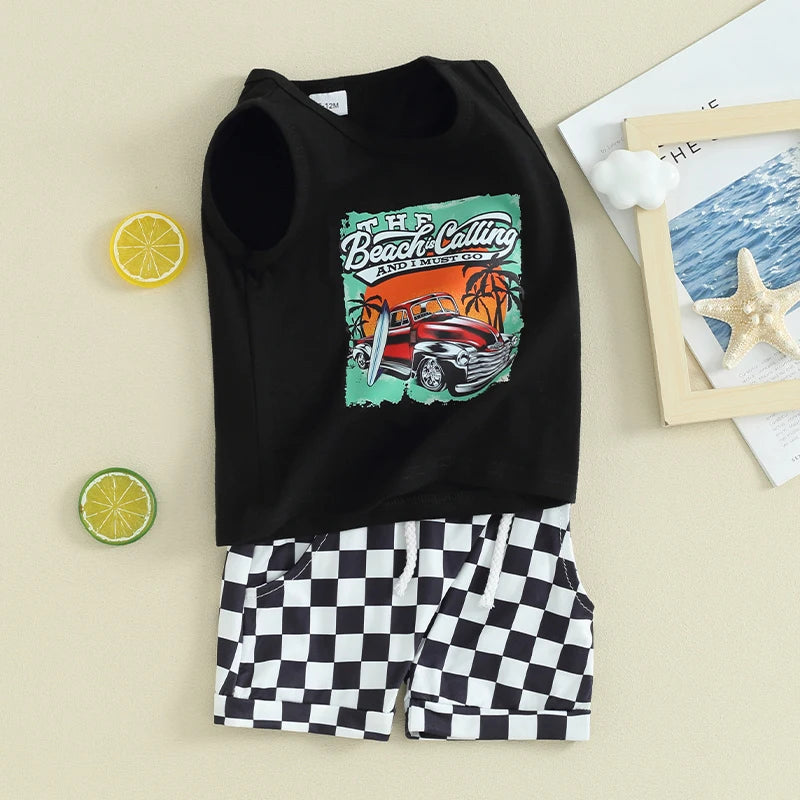 Lioraitiin Toddler Boys Summer Outfit Set Letter Car Print Tank Tops And Shorts