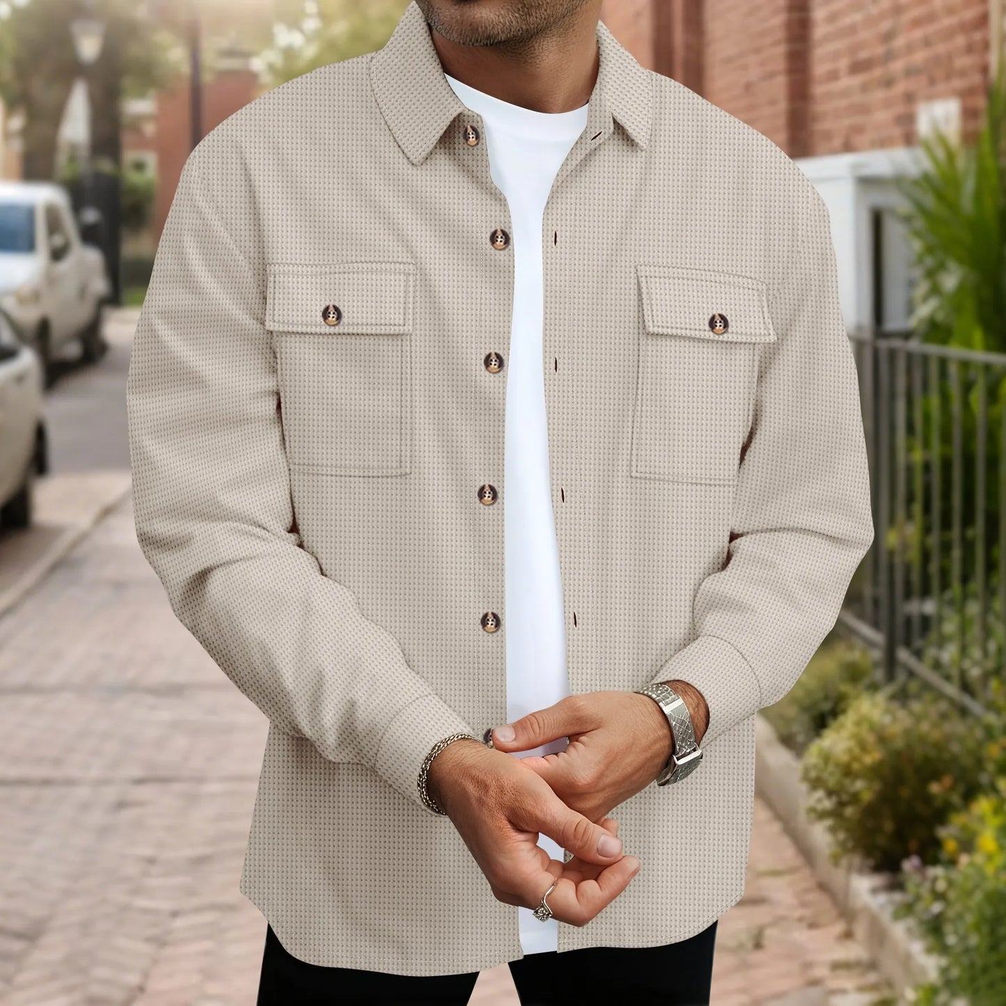 Mens Casual Waffle Texture Button Up Shirt Shacket Lapel Collar