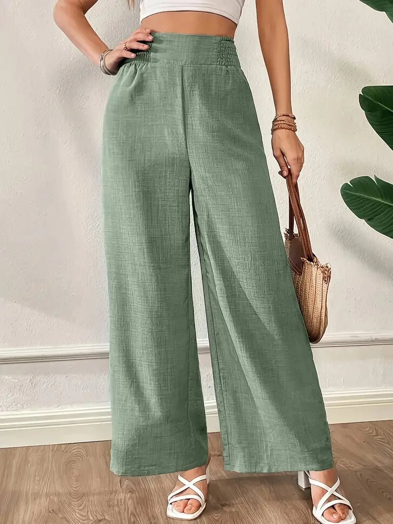 Womens Linen Blend High Waist Wide Leg Pants Smocked Waist